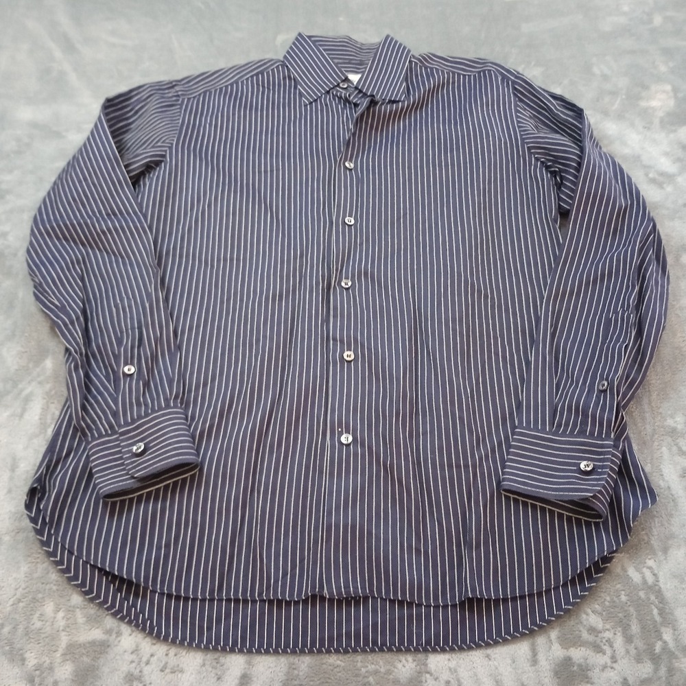 Brioni Shirt Mens Medium‎ Navy Blue Stripe Button Front Luxury Dress FLAW READ
